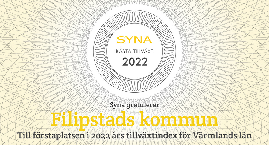 Text Syna gratulerar Filipstads kommun till förstaplatsen i 2022 års tillväxtindex för Värmlands län