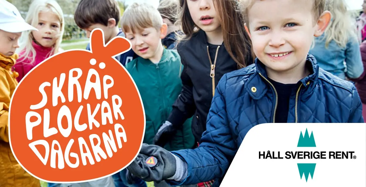 Barn som är ute och plockar skräp tillsammans. Text i bild: Skräpplockardagarna och loggan Håll Sverige rent