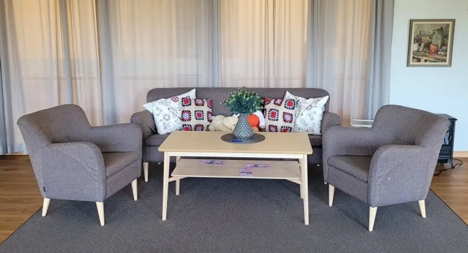 Grå möbelgrupp med soffa och två fåtöljer runt ett träbord på grå matta