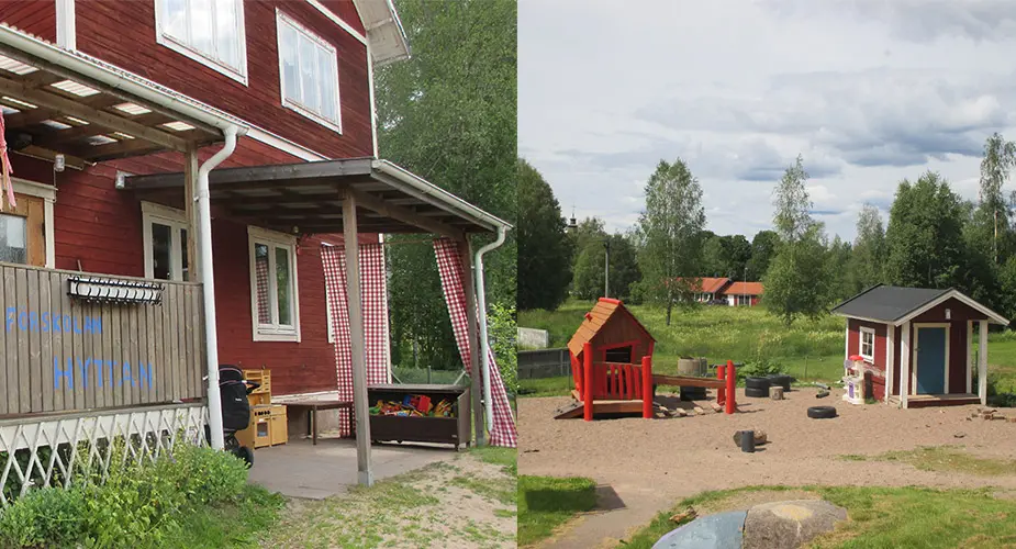 Förskolan Hyttan. Kollage. Bild till vänster trähus med sliten röd färg och vita knutar och en veranda. Bild till höger en lekpark med sand och en lekstuga i röd färg med vita knutar