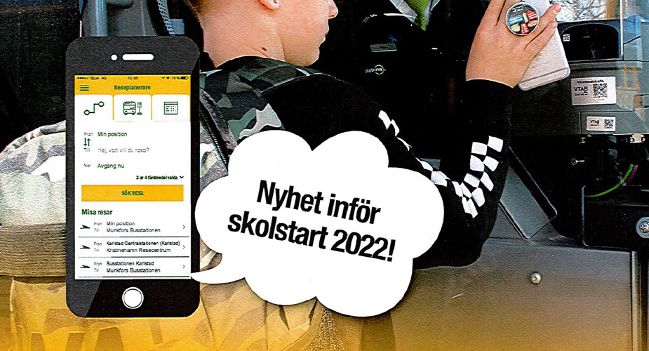 Telefon med app öppen, pratbubbla från telefon: Nyhet inför skolstart 2022!