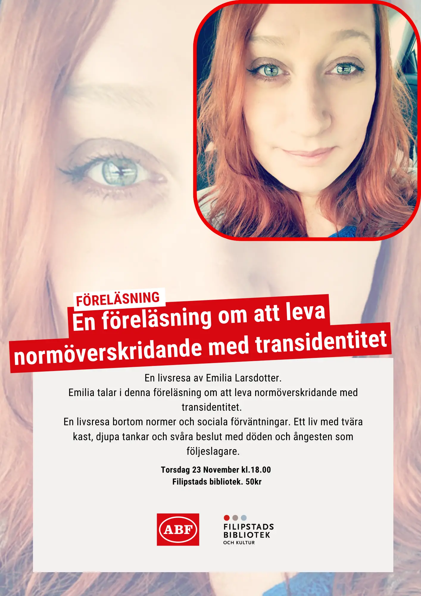 Affisch person med brunrött hår och text om föreläsningen