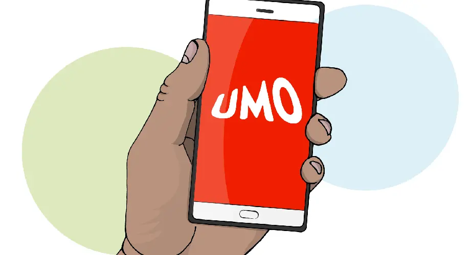 Illustration. Hand som håller telefon med texten UMO på skärmen.
