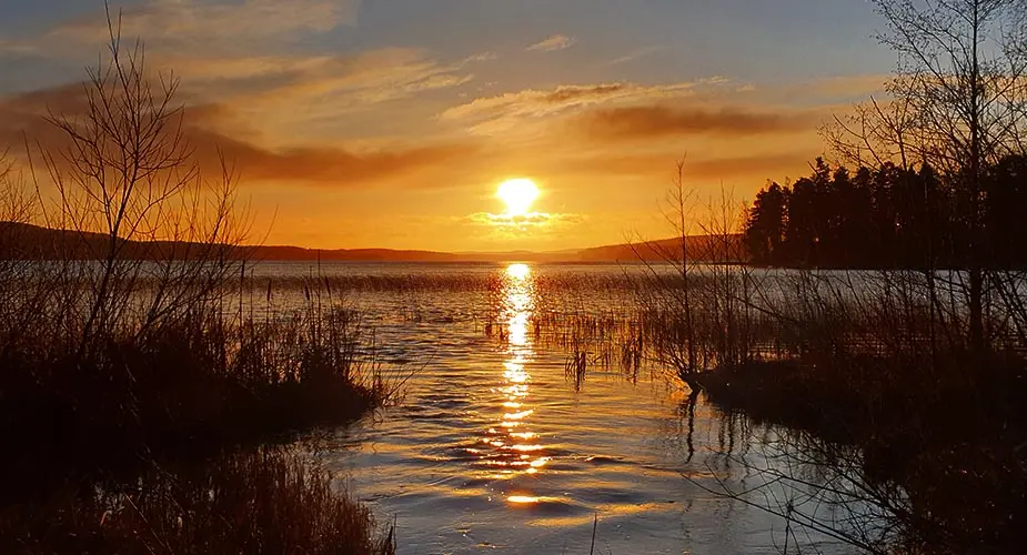 Soluppgång glittrar över sjön Daglösen