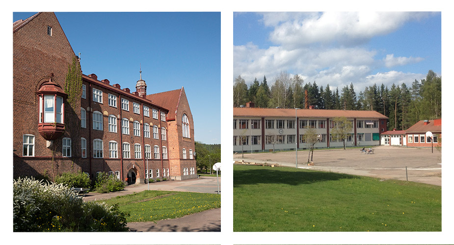 Två skolbyggnader med gräsmattor i förgrunden