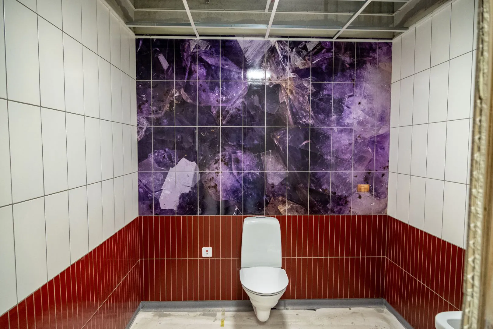 Toalett med rött och vitt kakel, vägg bakom toalett har ett motiv av ametist