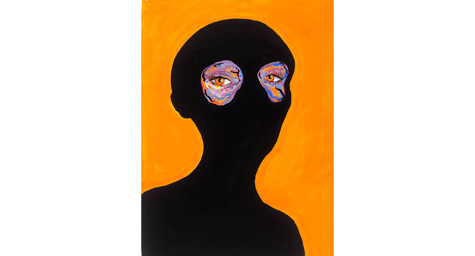 Målat verk med en svart bystsiluett med ögon i färger