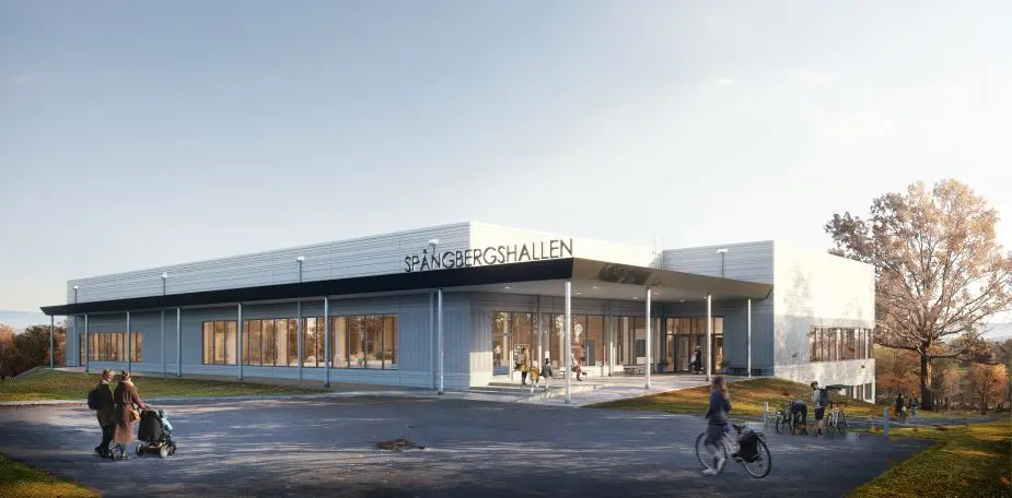 Rendering av hur Spångbergshallen kommer se ut när den är färdig. En vit byggnad men en svart tak över ingången med stora fönsterväggar i simhallen.